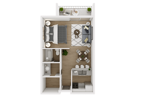 A 3D floor plan of a small apartment with a kitchen, living room, and bathroom.